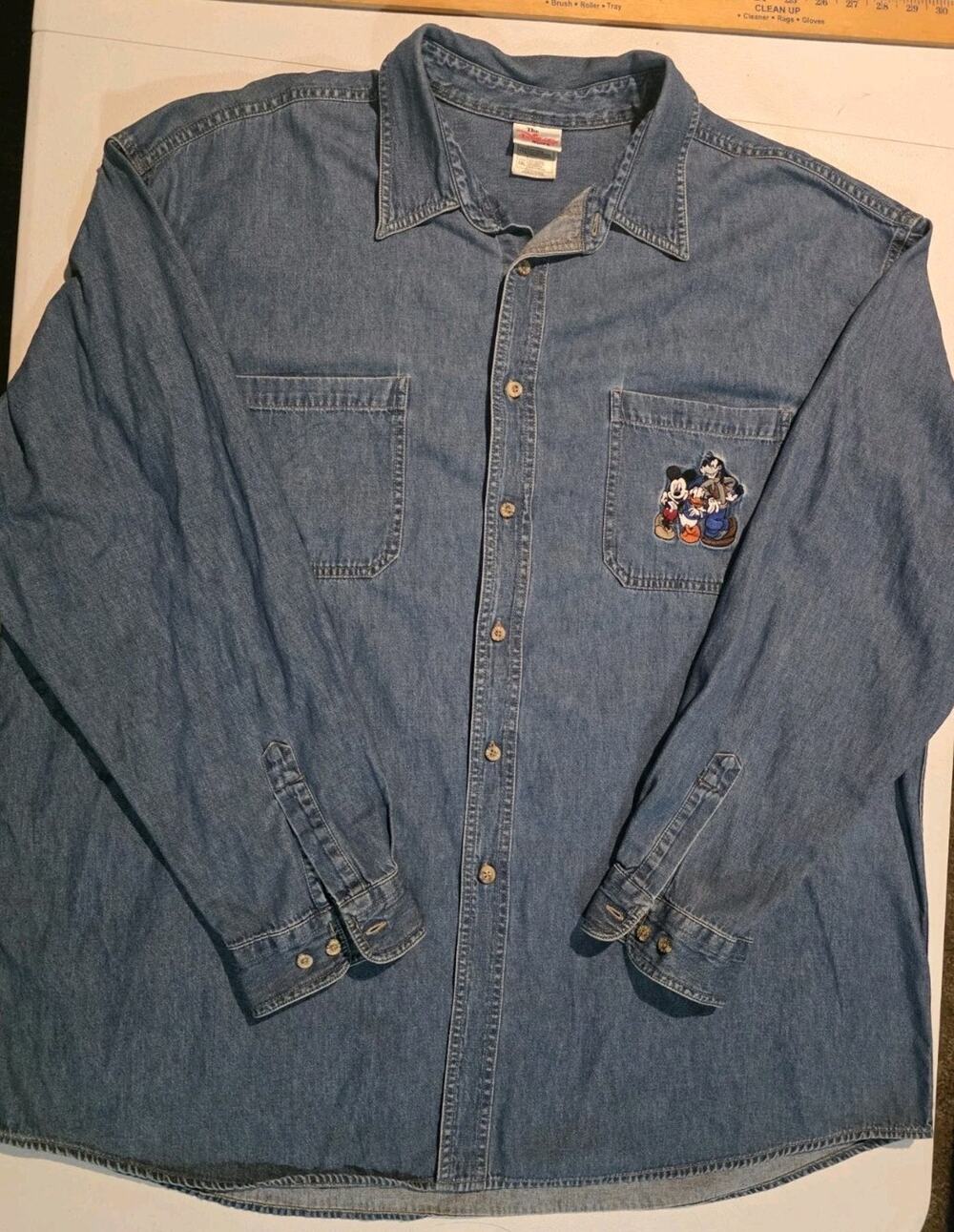 VTG Mickey Mouse Disney Denim Jean Button Up Shirt long Sleeve 90s pocket XXL